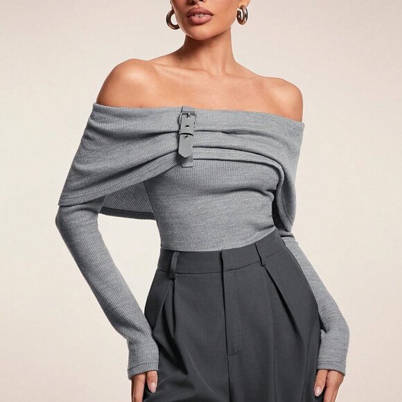 Grey Casual Women's Off-Shoulder Leather buckle Detailed shirt - Picture 1 of 7